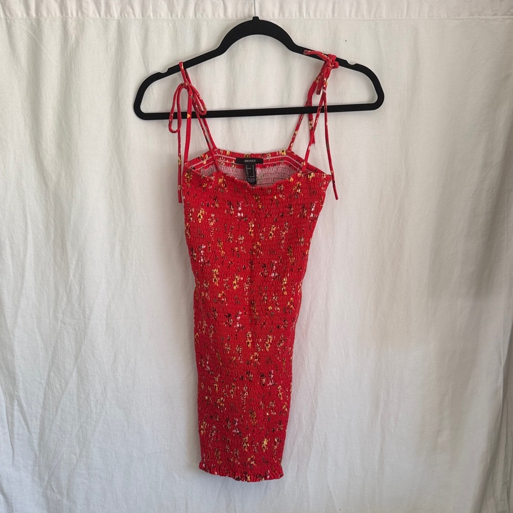 Forever 21 Red Floral Smocked Dress with Pink Accents